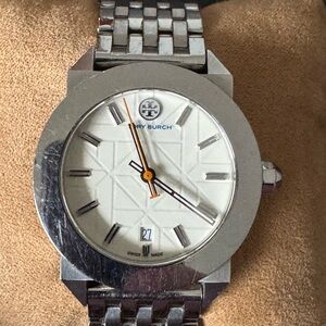 Tory Burch Silver and White Smartwatch with Minimalist Design